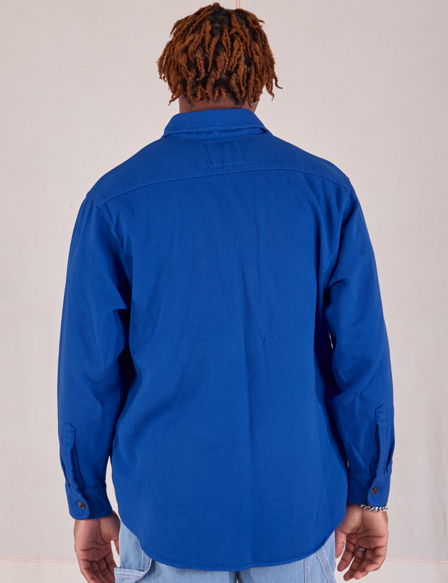 Flannel Overshirt in Royal Blue back view on Isaac