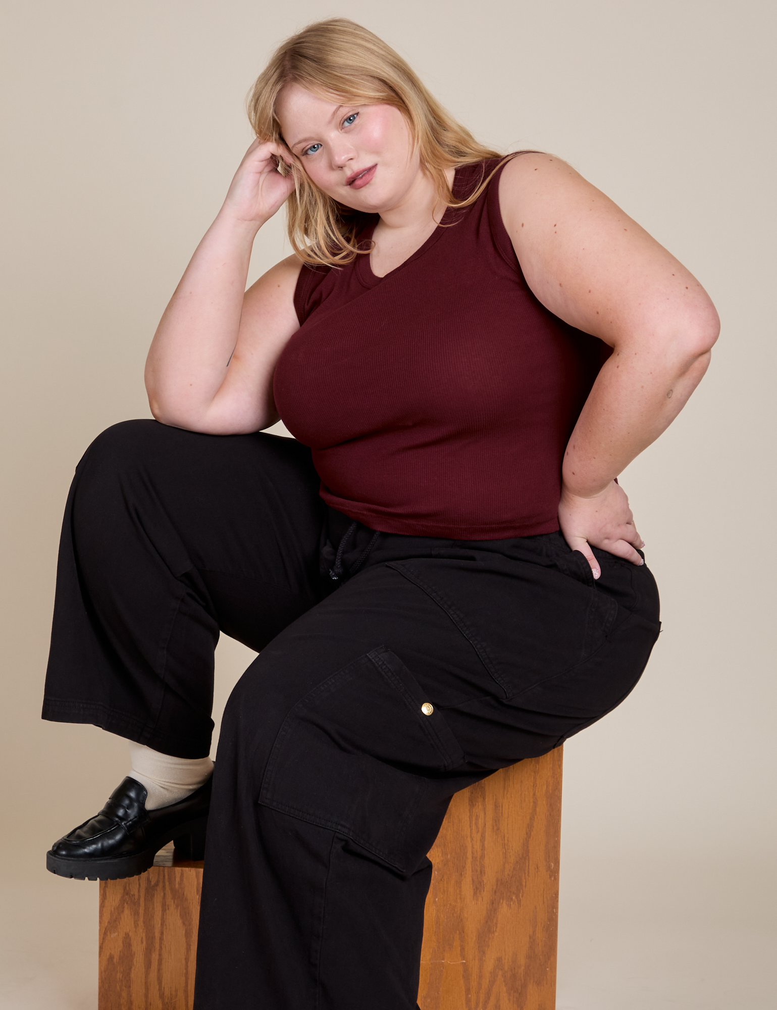 Muscle Tee in Red Wine and black Drop Pocket Cargo Pants on Juliet