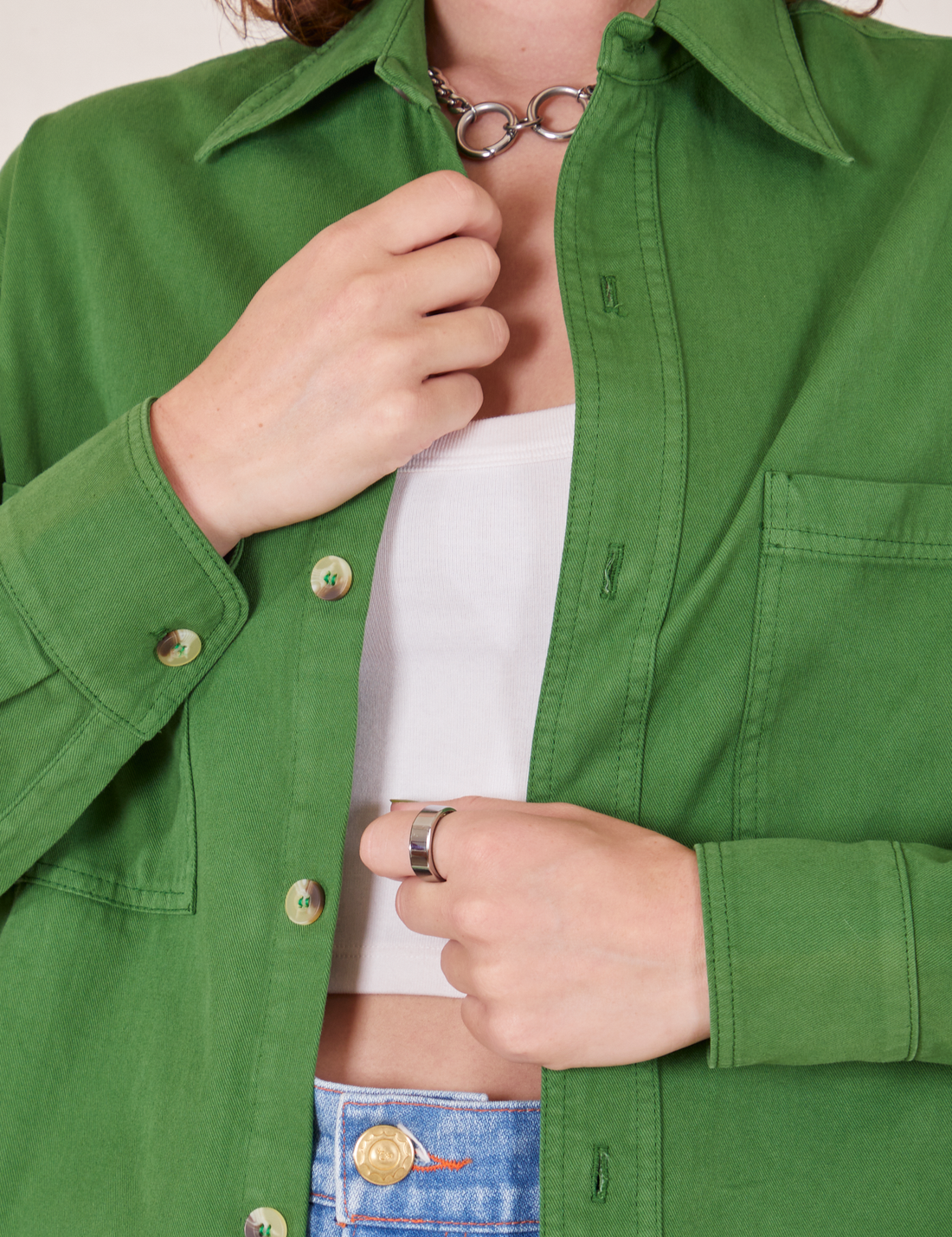 Front close up of Oversize Overshirt in Lawn Green worn by Alex