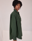 Side view of Twill Overshirt in Swamp Green on Cheyann