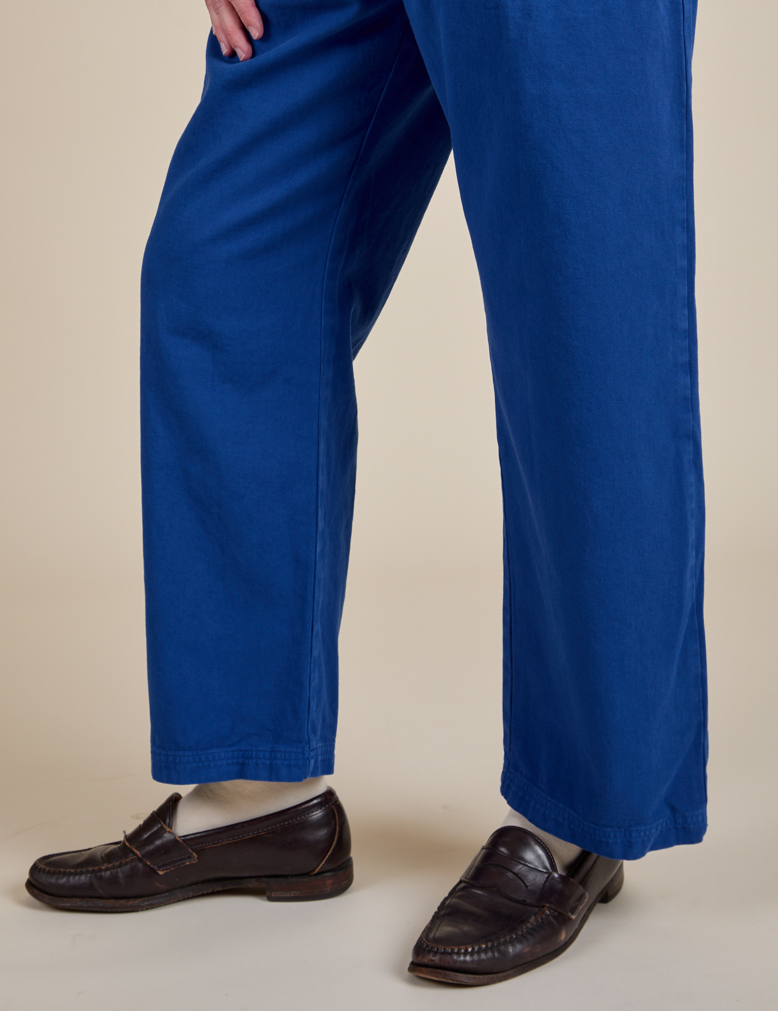 Short Sleeve Jumpsuit in Royal Blue pant leg close up on Quinn