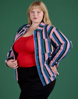 Angled front view of Stripe Work Jacket in Pacific Stripe on Juliet