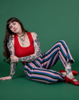  Work Pants in Pacific Stripe and mustang red Cropped Tank on Sydney