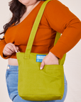 Over-Shoulder Zip Mini Tote in Gross Green worn on shoulder