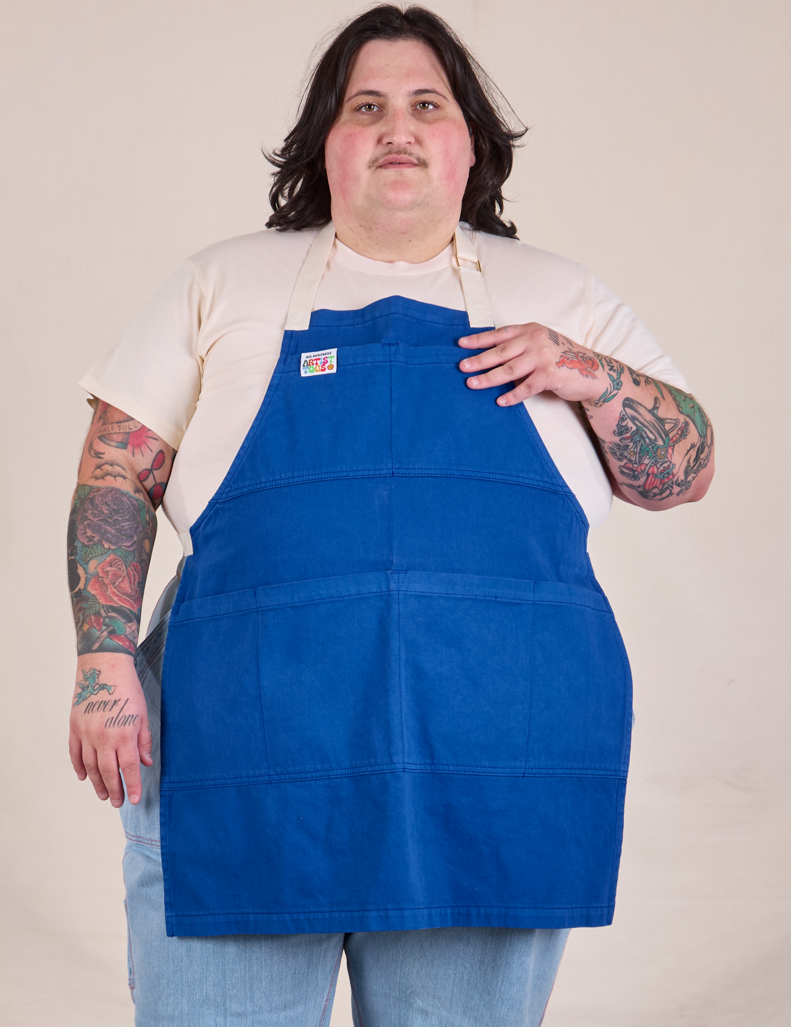 Full Denim Apron in Royal Blue worn by Sam