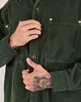 Close up of Corduroy Overshirt in Swamp Green on Jesse