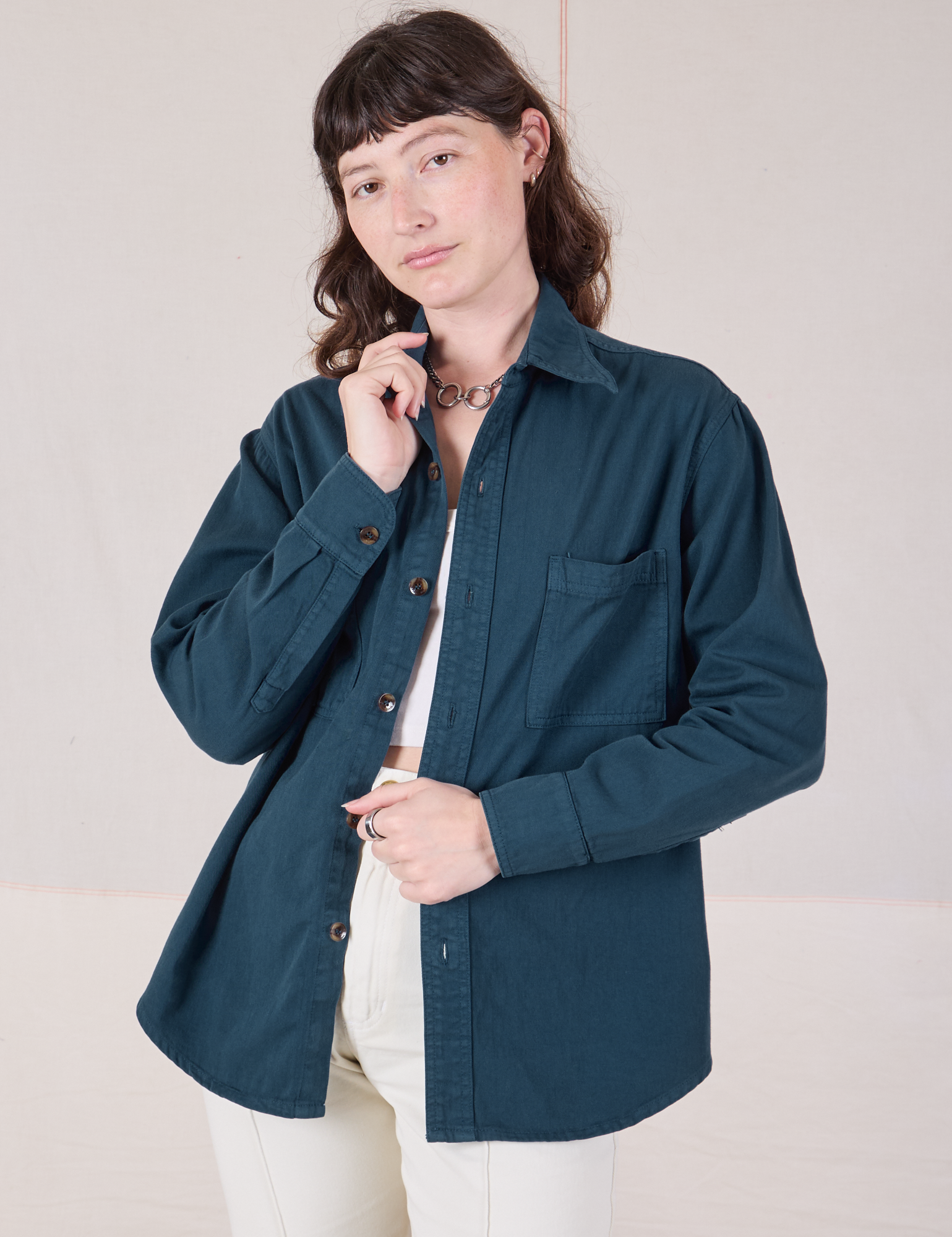 Twill Overshirt in Lagoon worn by Alex