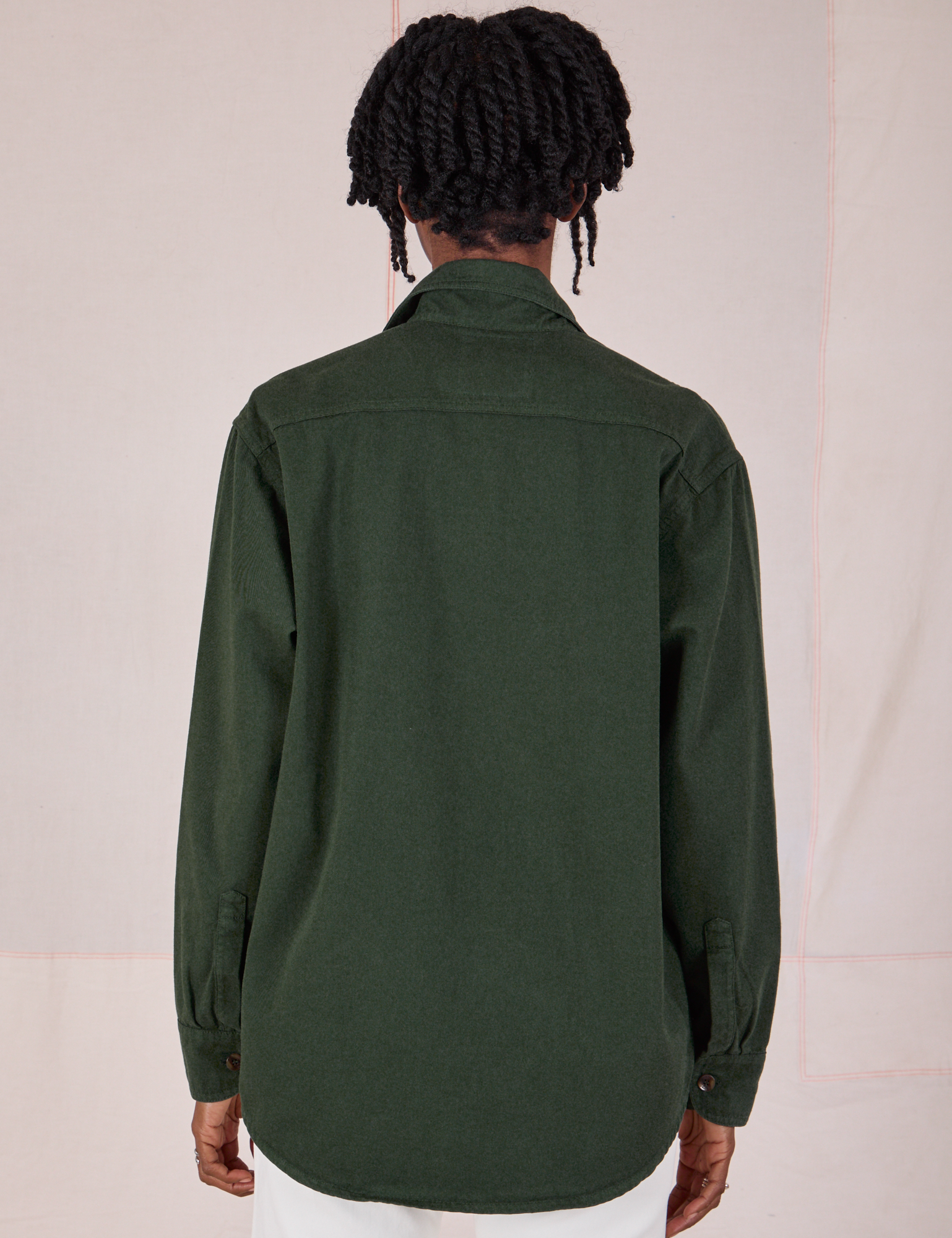 Twill Overshirt in Swamp Green back view on Cheyann