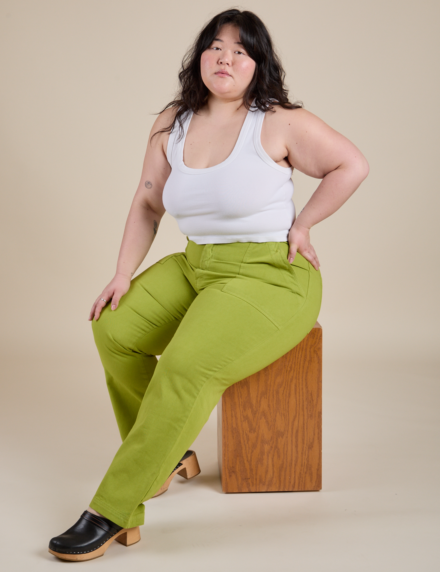 Work Pants in Gross Green and Cropped Tank in Vintage Tee White worn by Ashley
