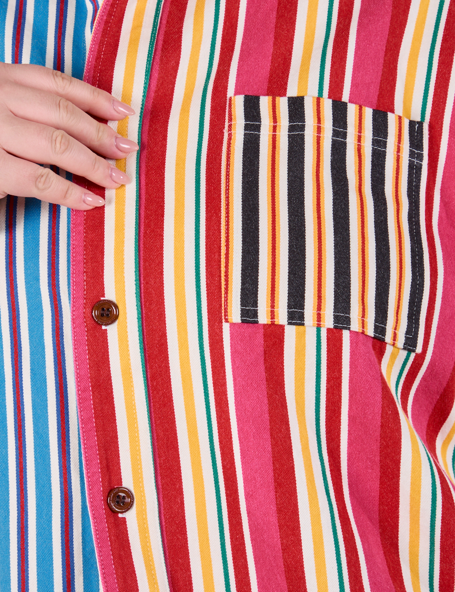 Front pocket close up of Cropped Overshirt in Mixed Stripe worn by Ashley