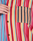 Front pocket close up of Cropped Overshirt in Mixed Stripe worn by Ashley