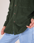 Corduroy Overshirt in Swamp Green bottom close up on Jesse