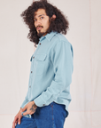 Side view of Flannel Overshirt in Baby Blue on Jesse