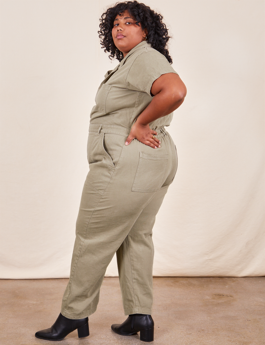 Side view of Short Sleeve Jumpsuit in Khaki Grey worn by Morgan