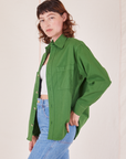 Side view of Oversize Overshirt in Lawn Green worn by Alex