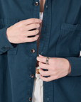 Twill Overshirt in Lagoon front close up on Alex