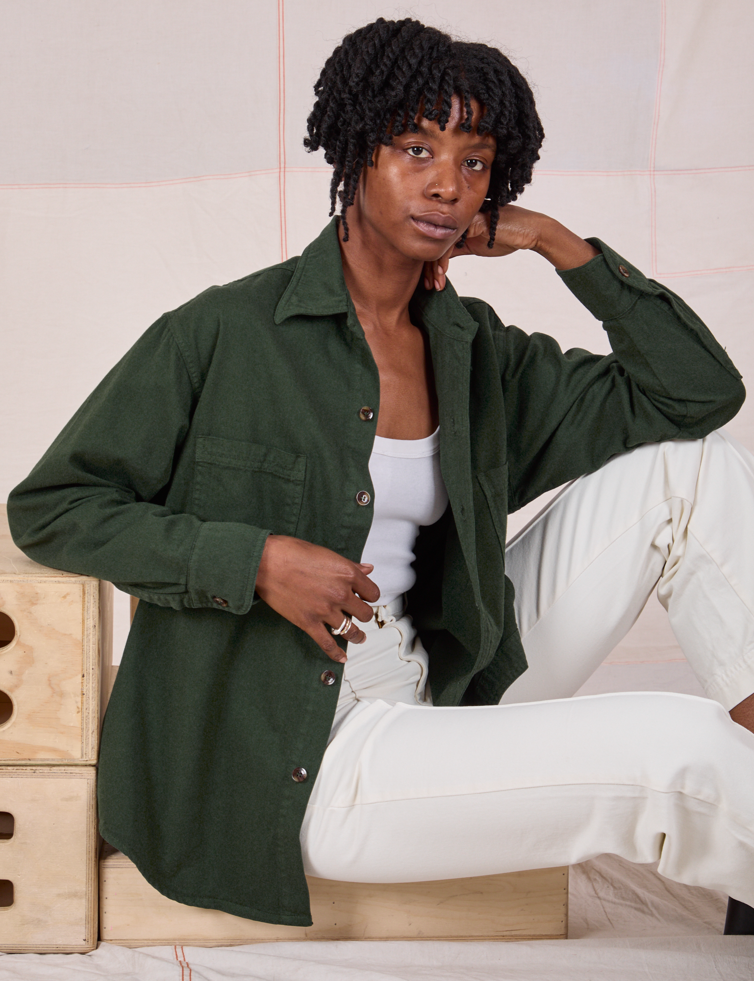 Twill Overshirt in Swamp Green worn by Cheyann