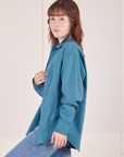 Side view of Oversize Overshirt in Marine Blue worn by Hana
