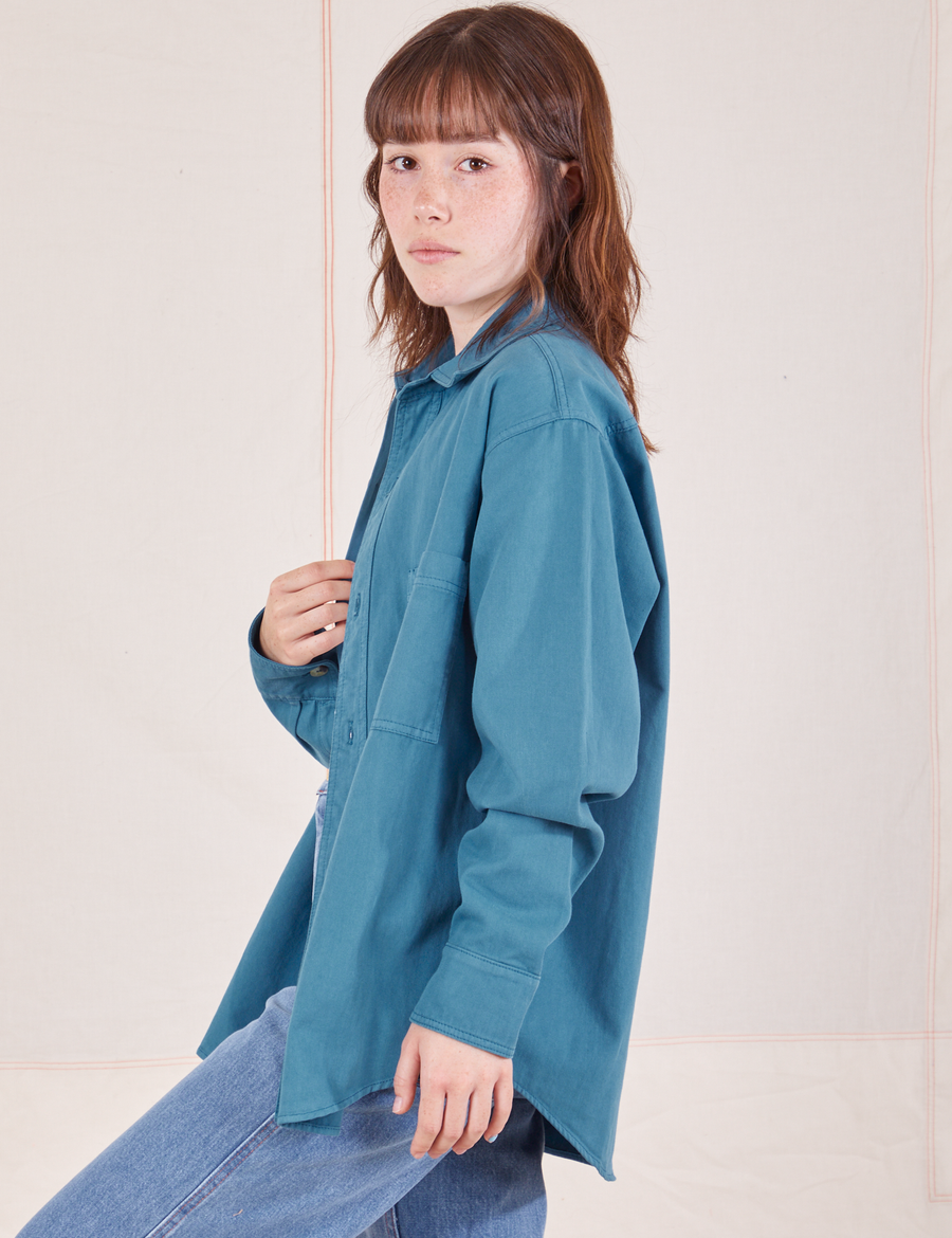 Side view of Oversize Overshirt in Marine Blue worn by Hana