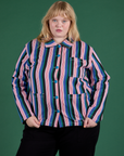 Juliet is wearing a buttoned up Stripe Work Jacket in Pacific Stripe
