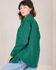 Side view of Flannel Overshirt in Hunter Green on Alex
