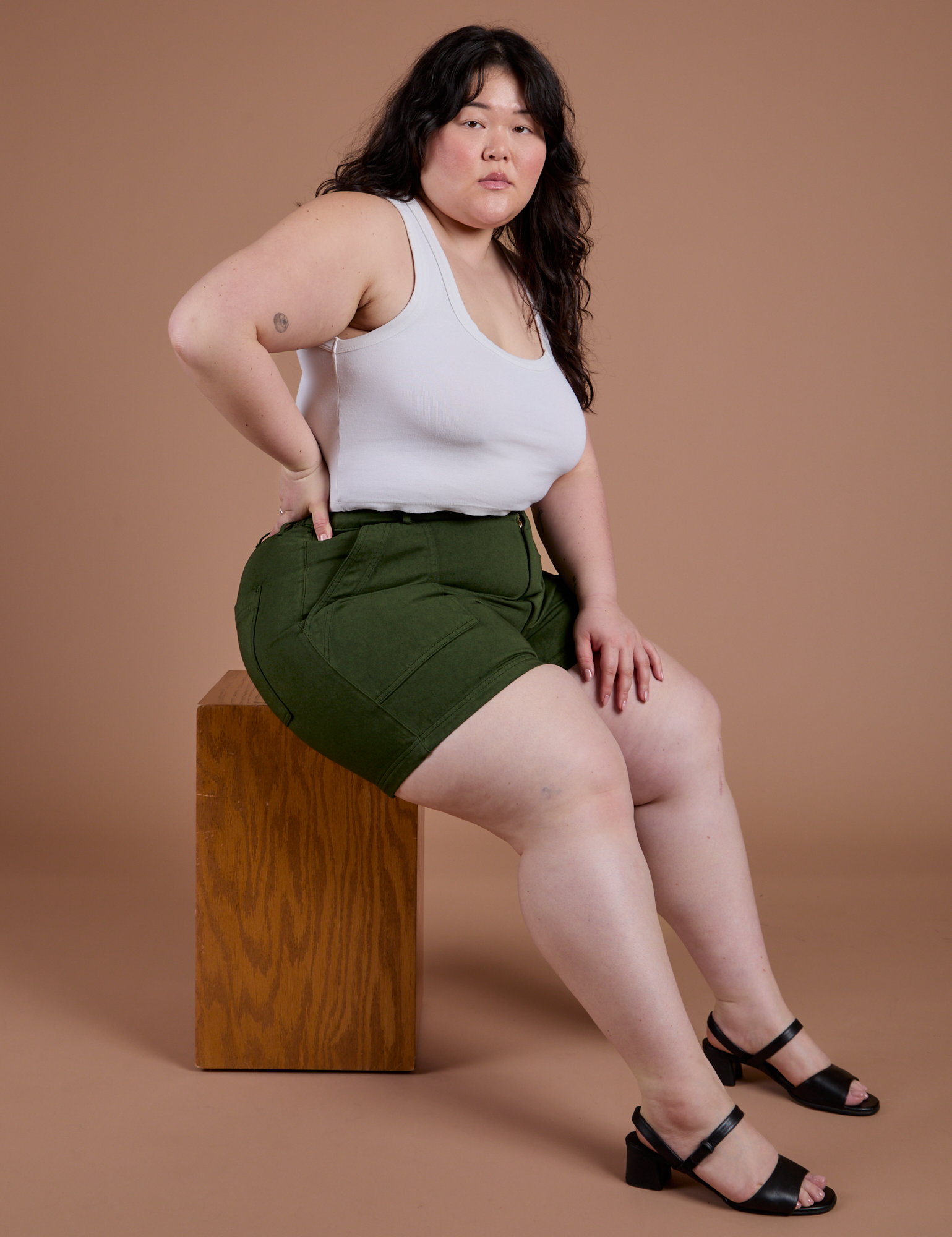 Classic Work Shorts in Evergreen and Cropped Tank in Vintage Tee White on Ashley