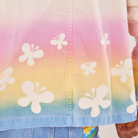 Work Jacket in Butterfly Airbrush back close up. Airbrush gradient in blue, yellow and pink with butterfly silhouettes