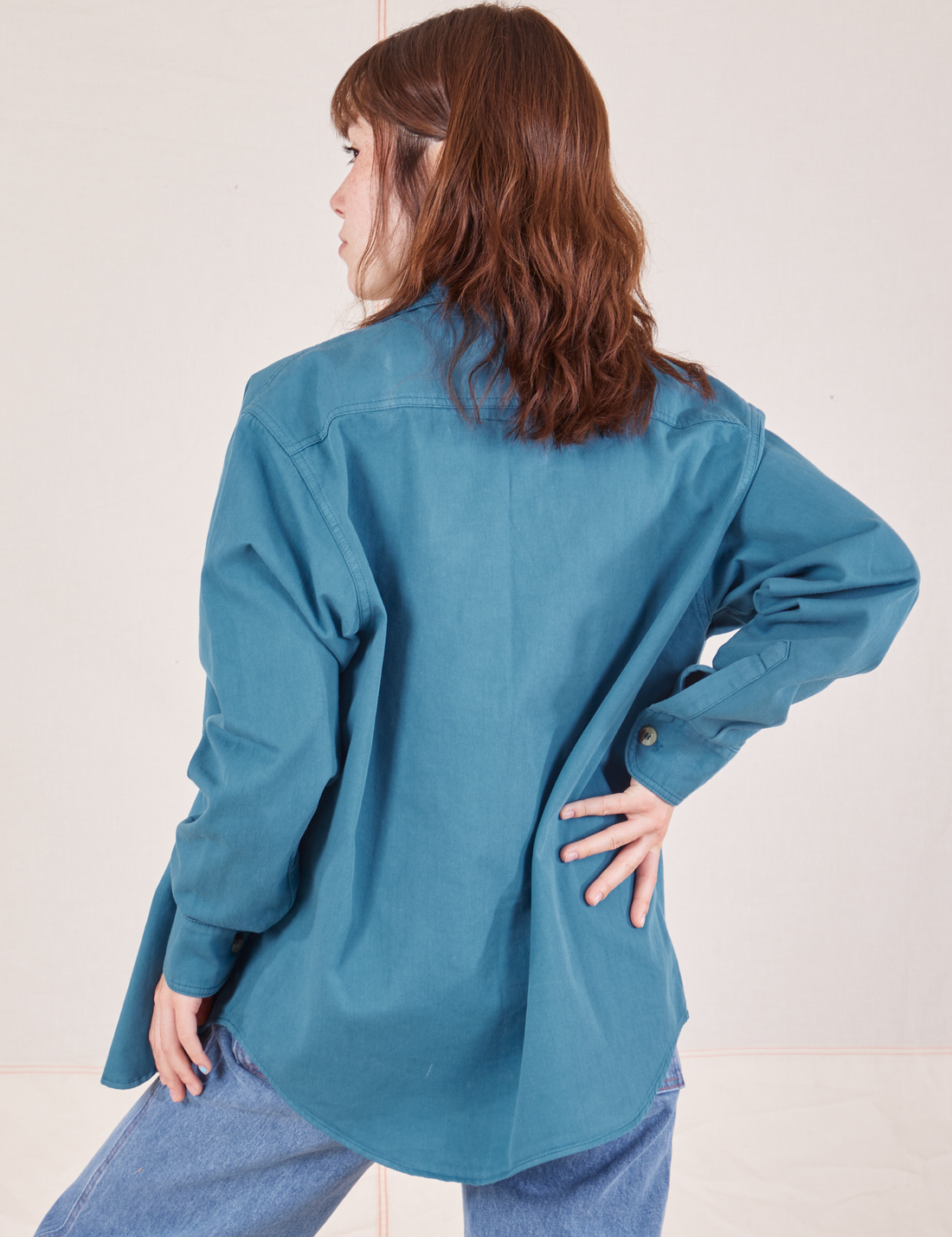 Back view of Oversize Overshirt in Marine Blue worn by Hana