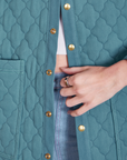 Front close up of Quilted Overcoat in Marine Blue on Alex