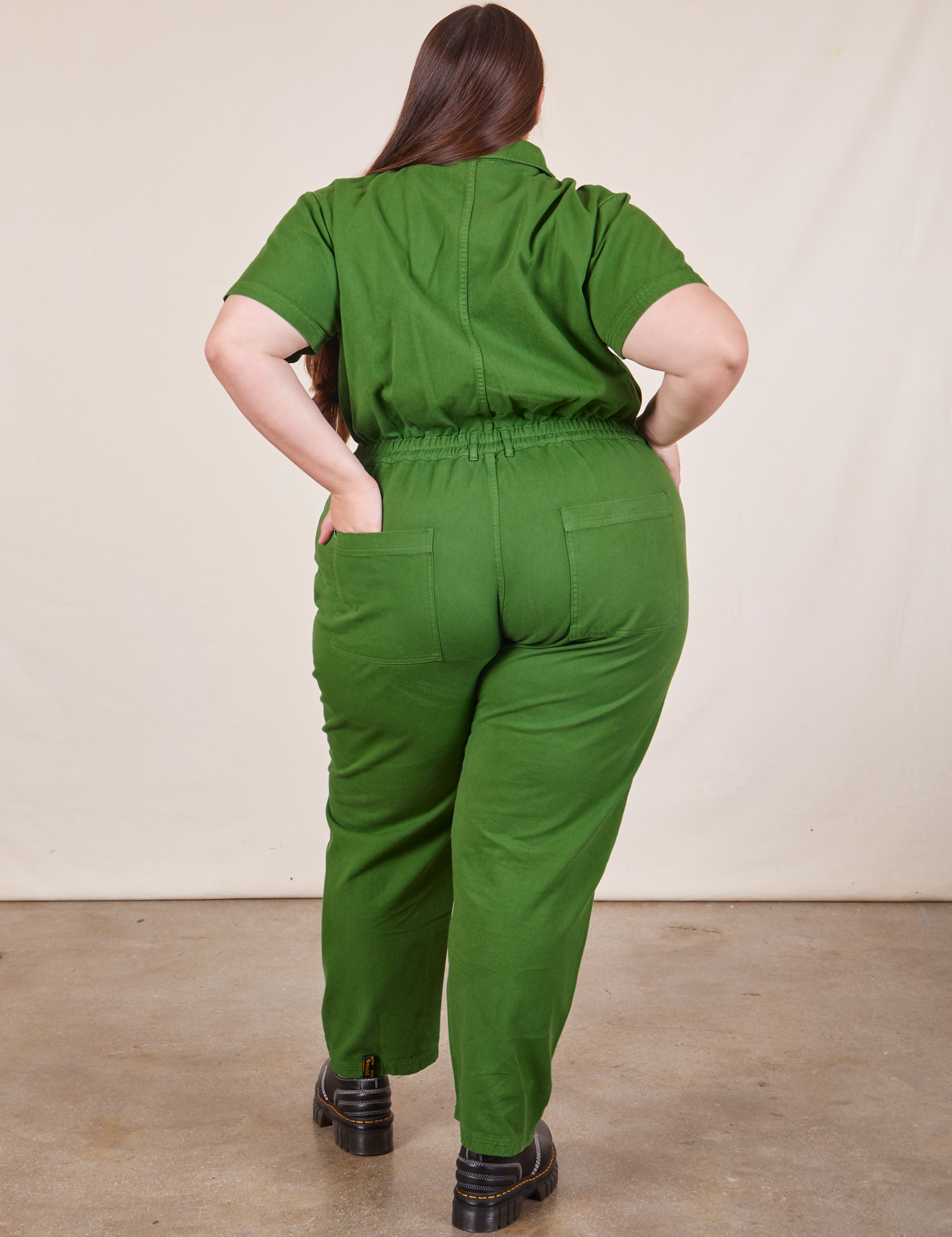 Back view of Short Sleeve Jumpsuit in Lawn Green worn by Marielena