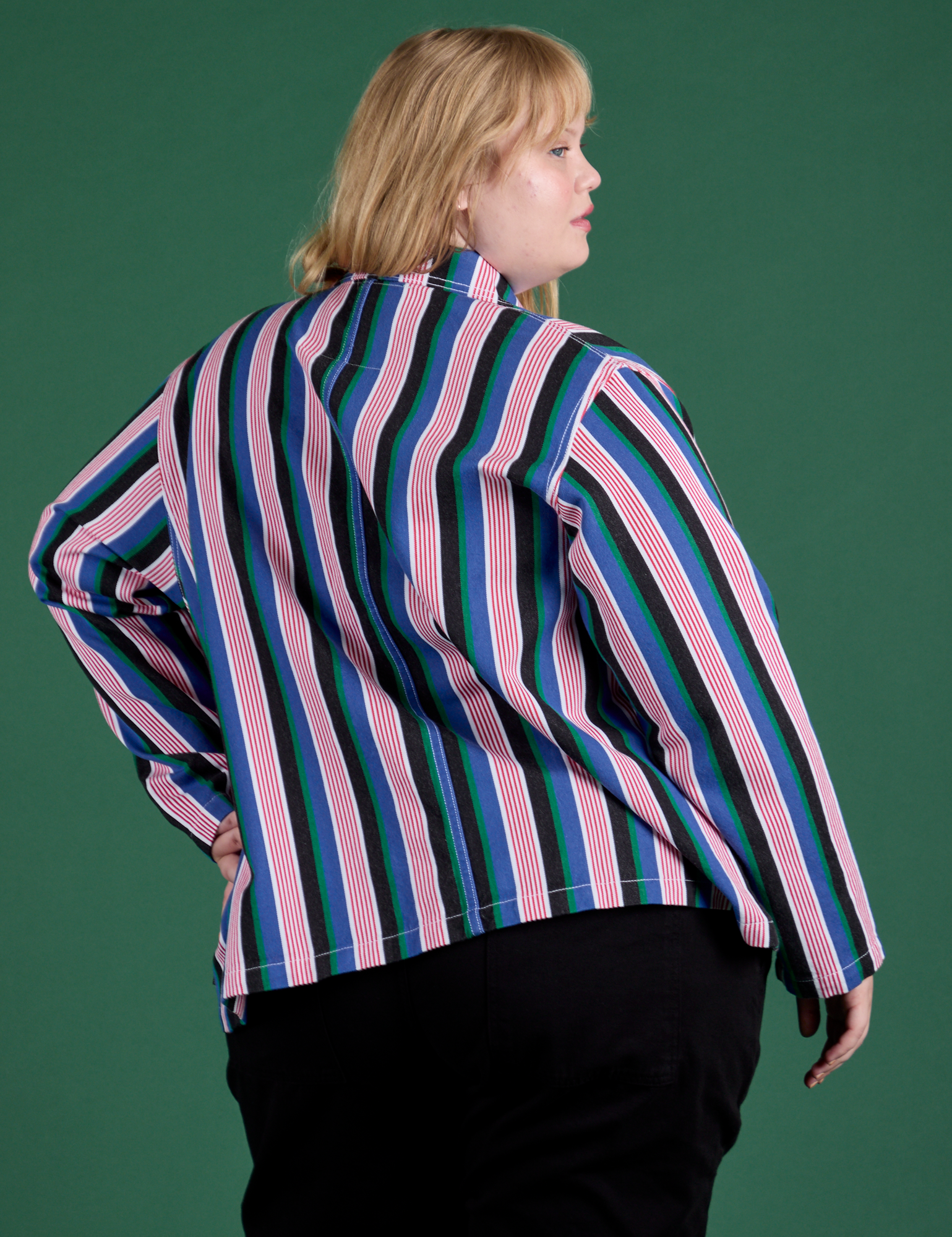 Stripe Work Jacket in Pacific Stripe back view on Juliet