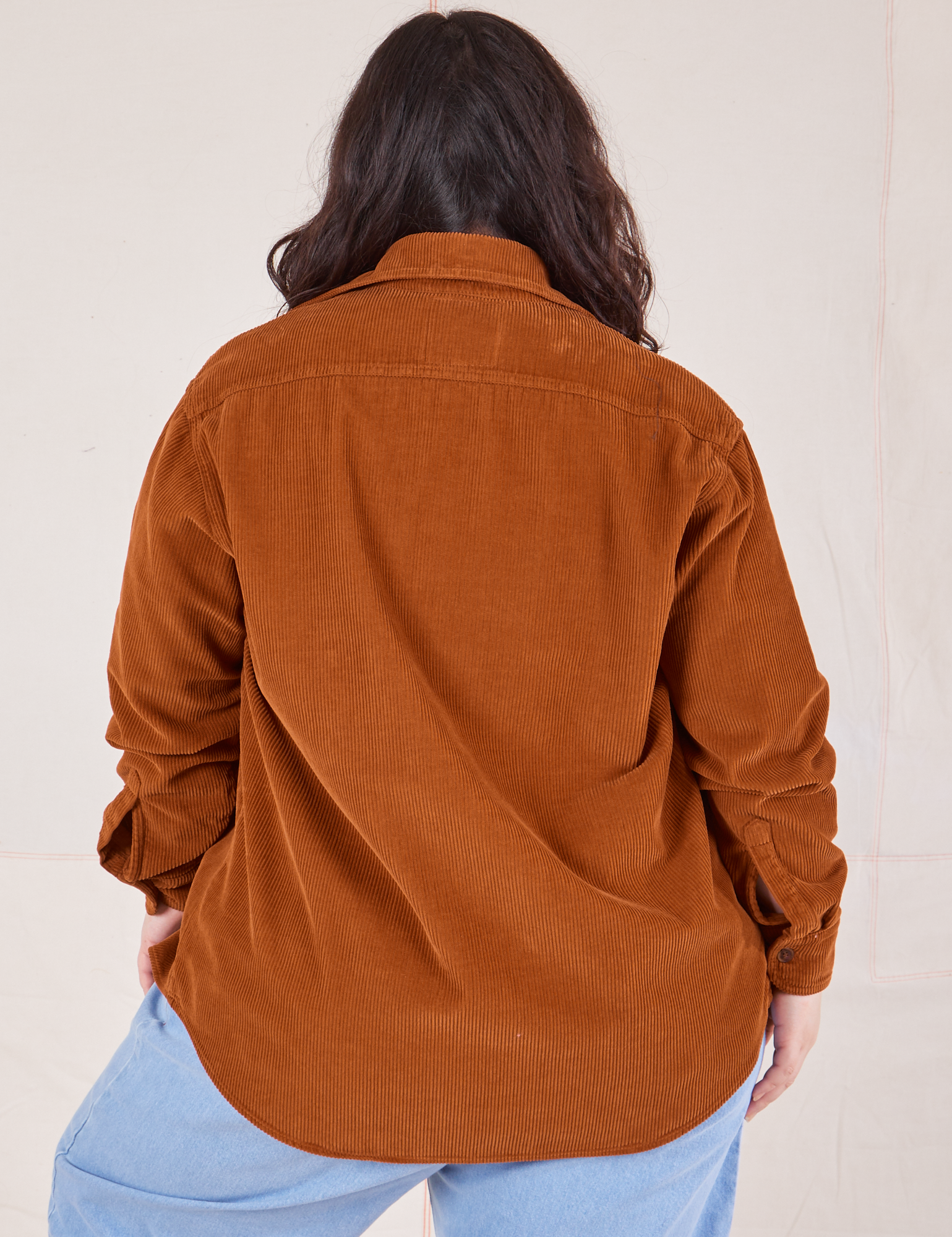 Back view of Corduroy Overshirt in Burnt Terracotta on Ashley