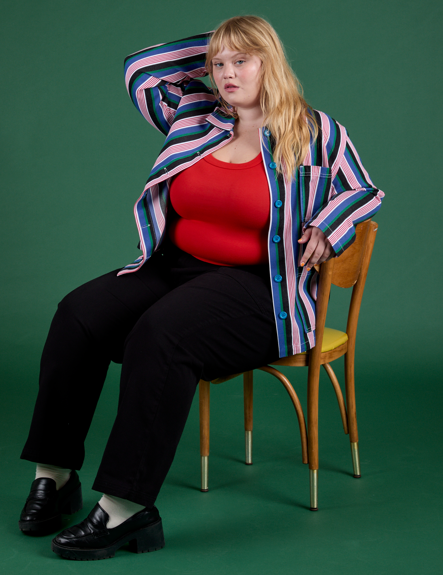 Stripe Work Jacket in Pacific Stripe and black Work Pants worn by Juliet