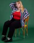 Stripe Work Jacket in Pacific Stripe and black Work Pants worn by Juliet