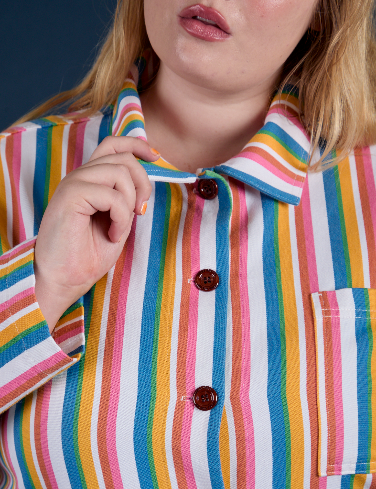 Stripe Work Jacket in Rainbow Stripe front close up on Juliet