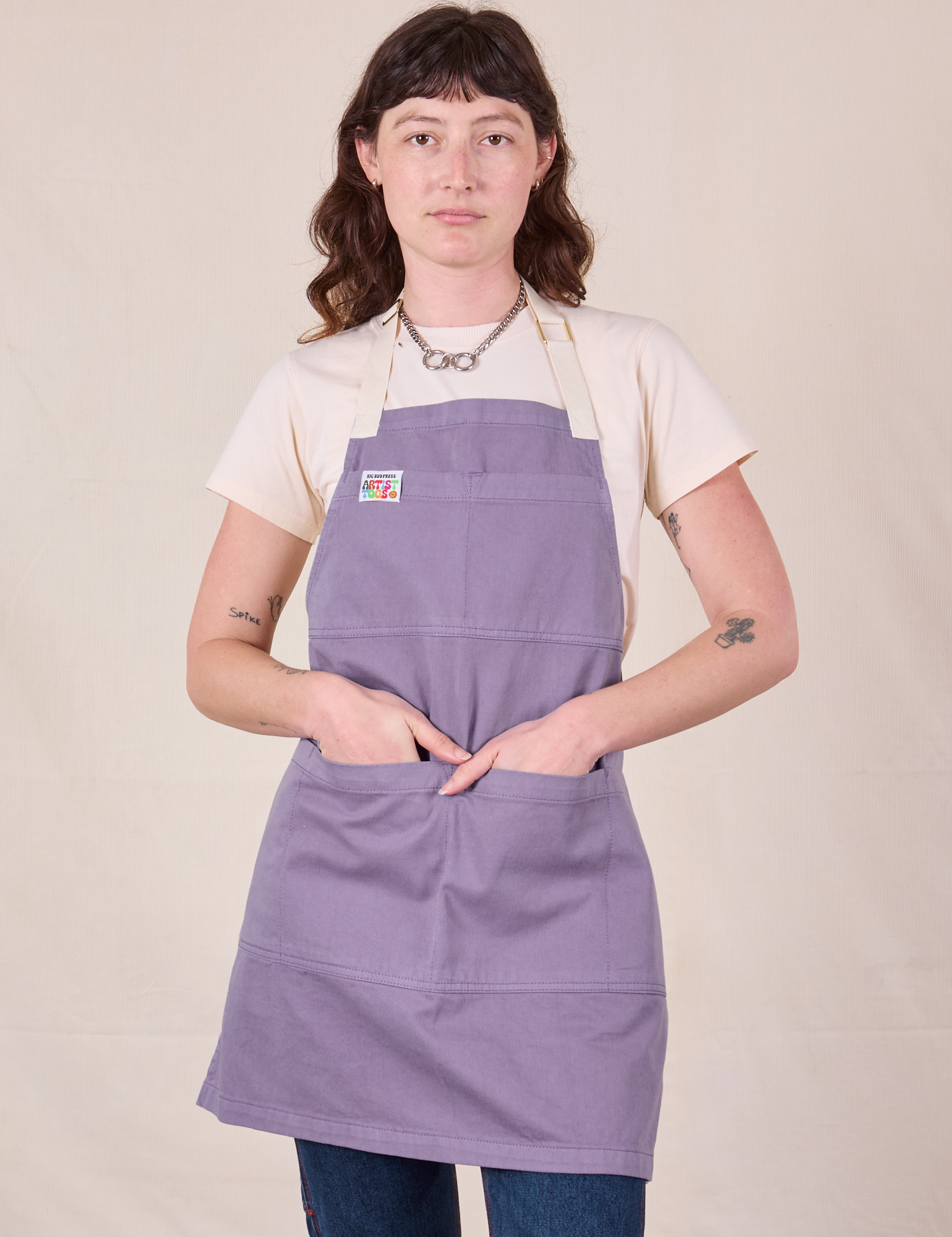 Full Denim Apron in Faded Grape worn by Alex