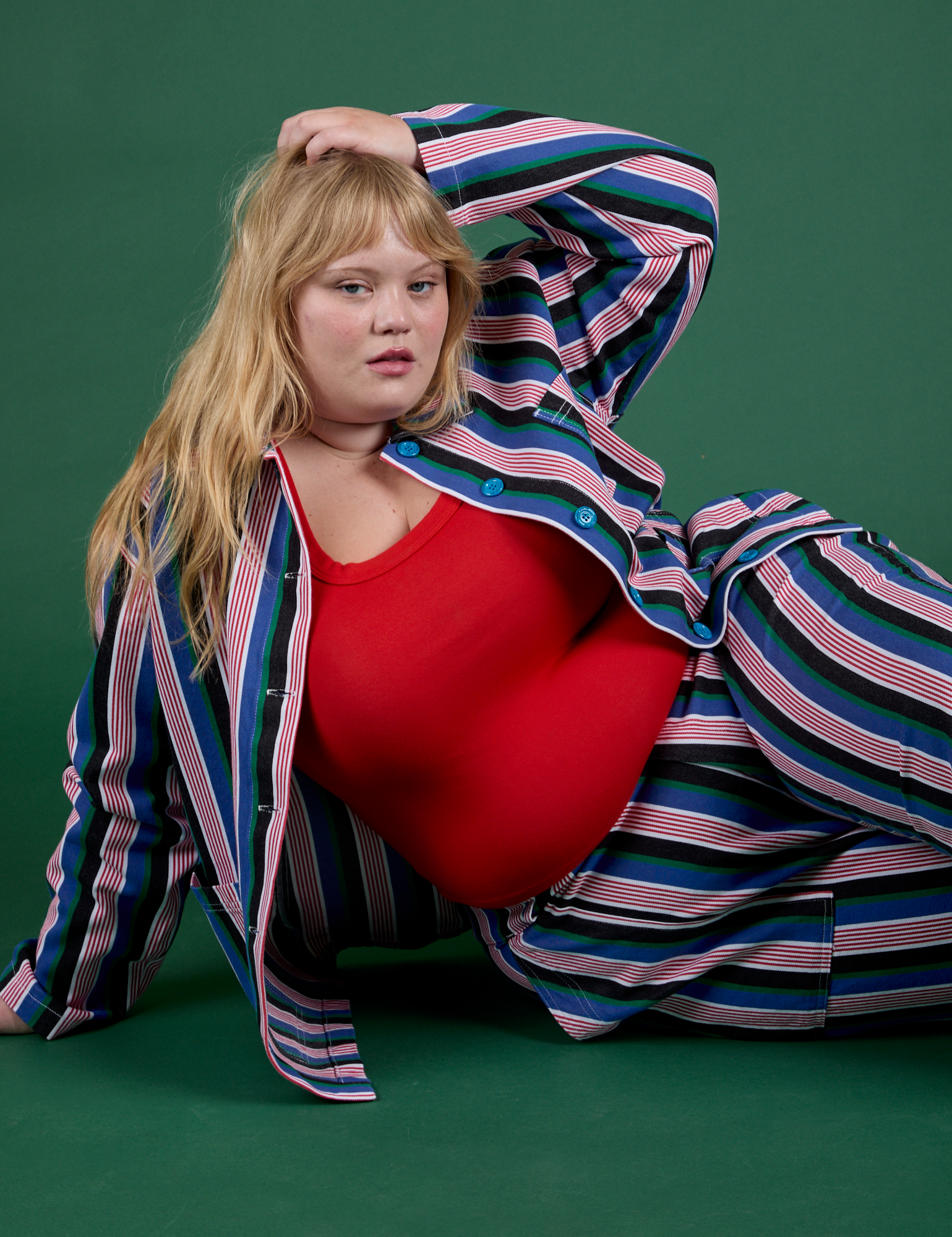 Juliet is wearing Stripe Work Jacket in Pacific Stripe paired with matching Work Pants