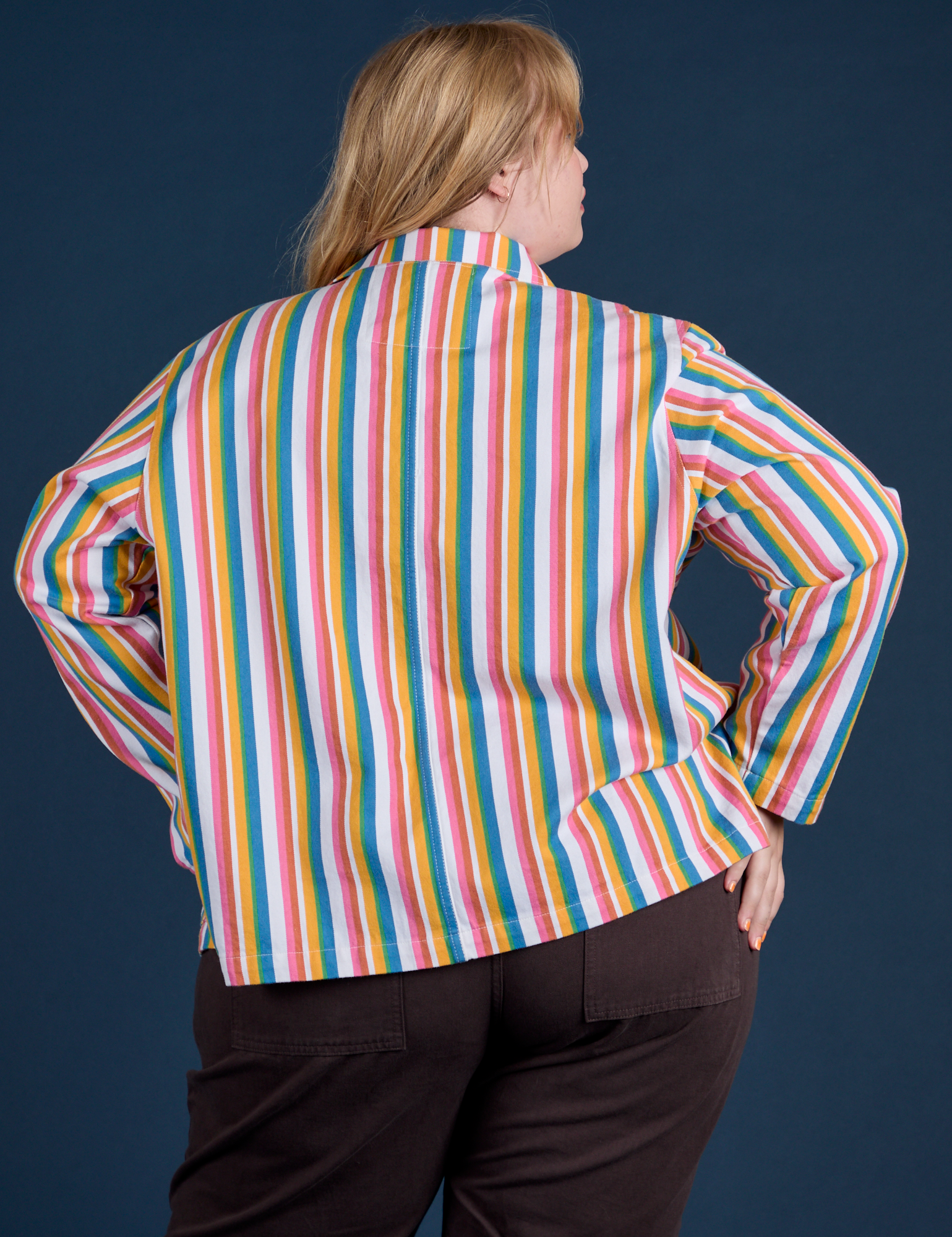 Stripe Work Jacket in Rainbow Stripe back view on Juliet
