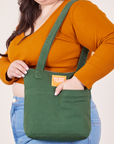 Over-Shoulder Zip Mini Tote in Dark Emerald Green worn on shoulder