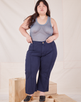Ashley is wearing Mesh Tank Top in Periwinkle and navy Western Pants