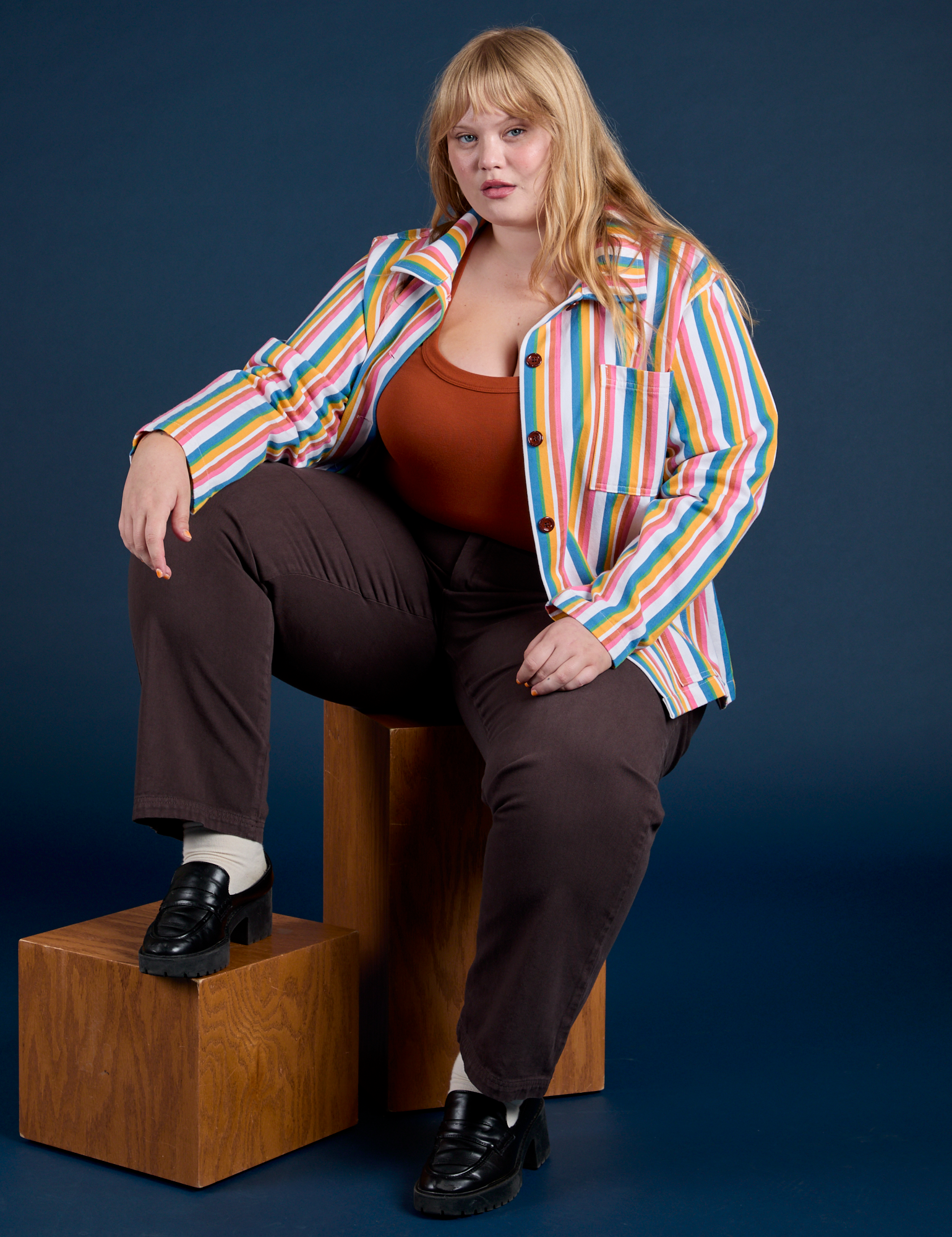 Stripe Work Jacket in Rainbow Stripe and espresso Work Pants on Juliet