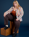 Stripe Work Jacket in Rainbow Stripe and espresso Work Pants on Juliet