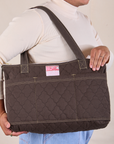 Quilted XL Tote in Espresso Brown worn on model's shoulder