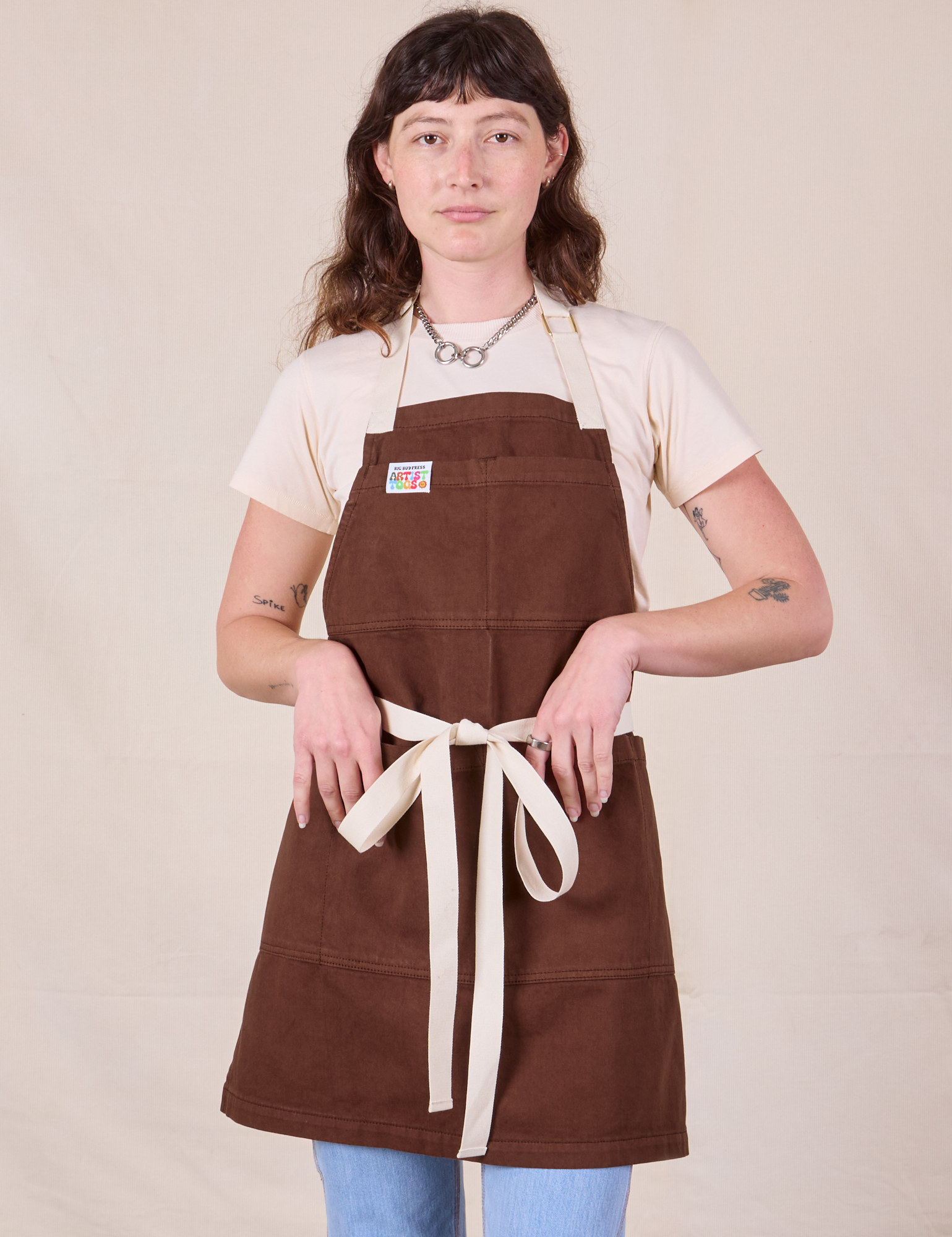 Full Denim Apron in Fudgesicle Brown on Alex