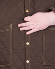 Front close up of Quilted Overcoat in Espresso Brown on Catie
