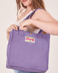 Shopper Tote Bag in Faded Grape worn over shoulder on Allison