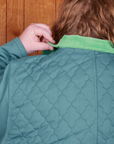 Back shoulder close up of Quilted Overcoat in Marine Blue on Catie