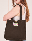 Shopper Tote Bag in Espresso Brown worn over shoulder on Allison