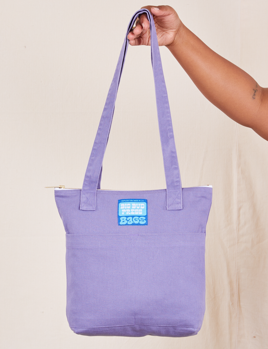 Over-Shoulder Zip Mini Tote in Faded Grape held by model