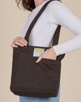 Over-Shoulder Zip Mini Tote in Espresso Brown worn on shoulder of model